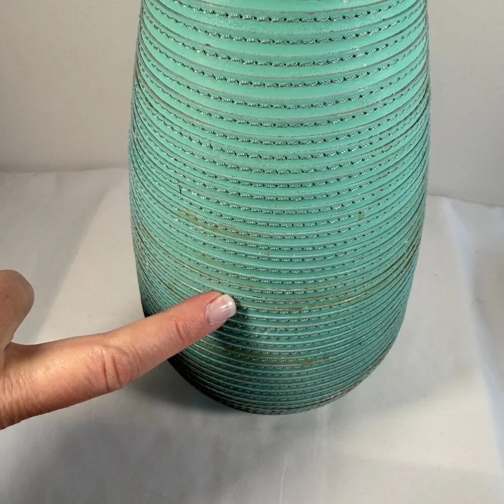 CRATE & BARREL Aqua Leather Spiral Wrapped Tall Vase Decor 10.5